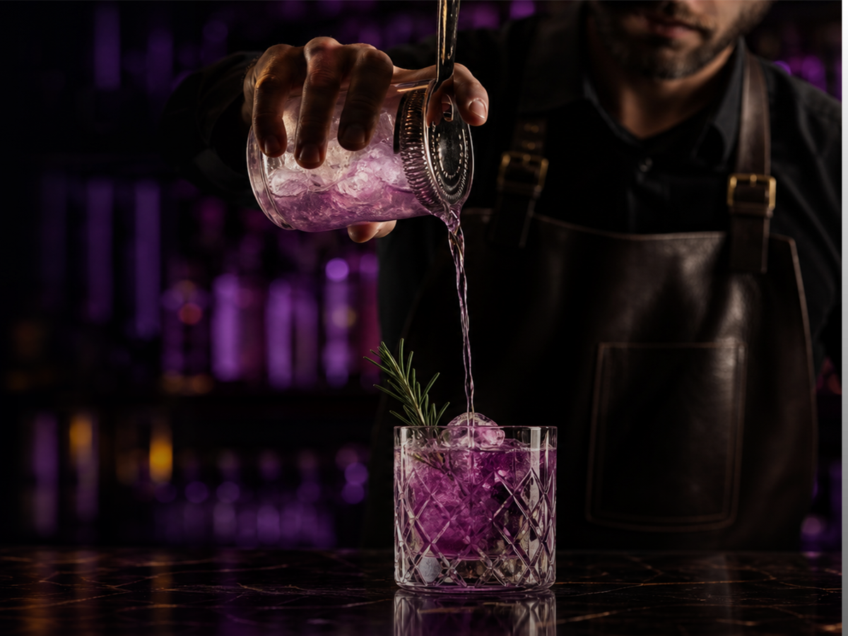Bartender preparando drink autoral em evento